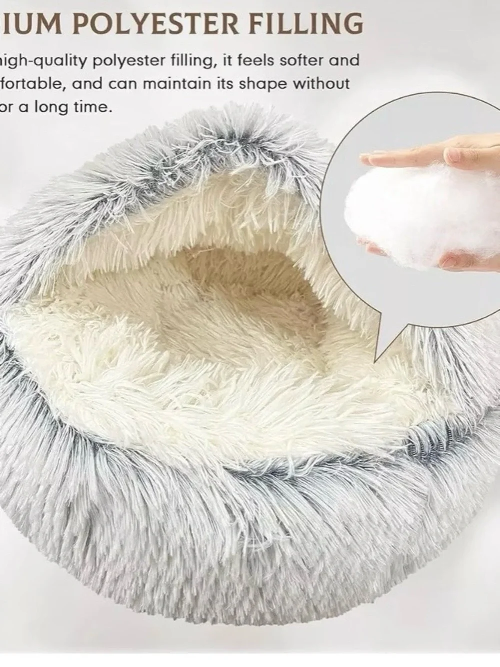 Fluffy Plush Cat Cave Bed Hooded Anti Anxiety Small Donut Cuddler Nest Pet Gray